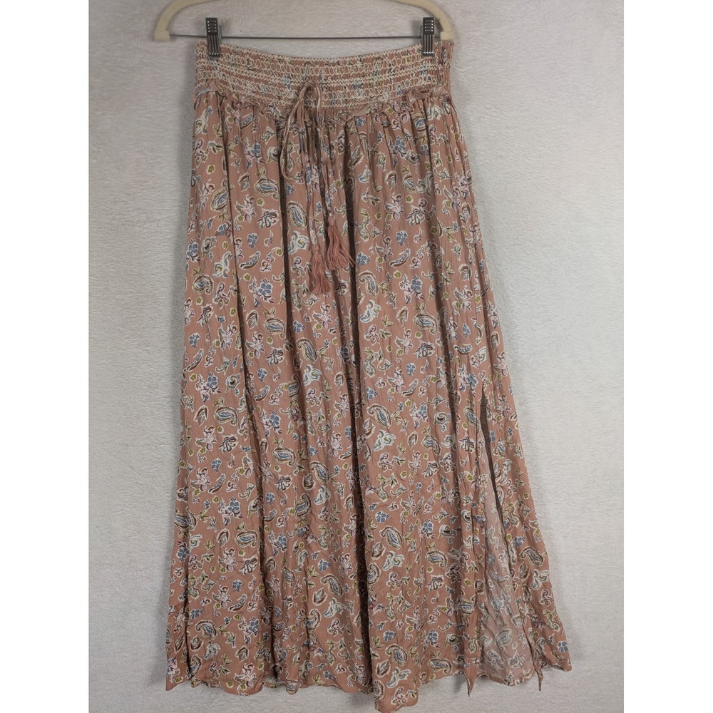 Promesa Maxi Skirt Women's Medium Pink Paisley Smocked Waist Side Slit Tassel